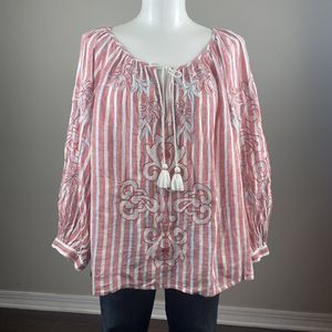 Anthropologie Akemi + Kin Top Size Large Audria Linen Peasant Blouse Red White